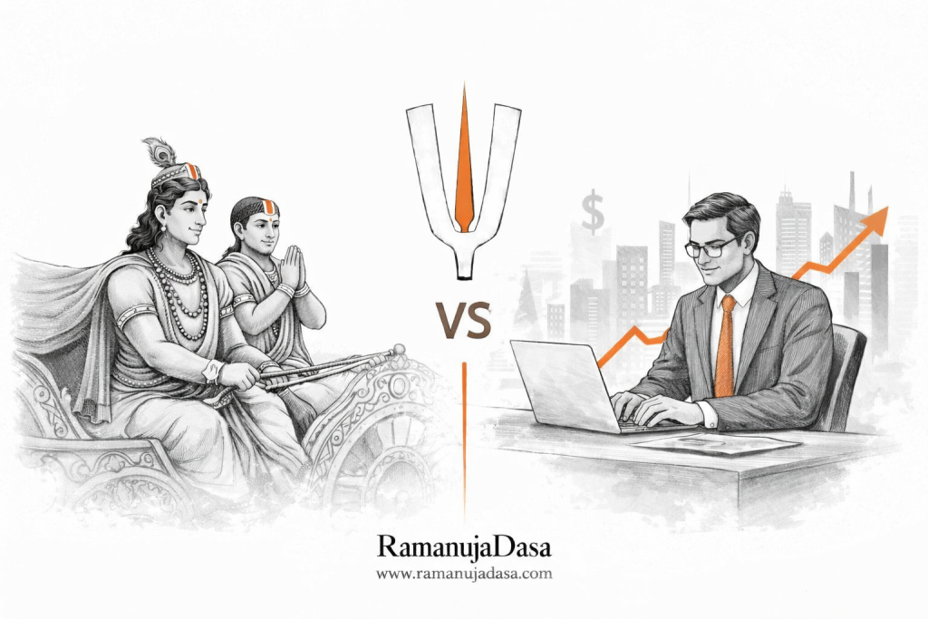 Krishna guiding Arjuna on the chariot contrasted with a modern corporate professional at work